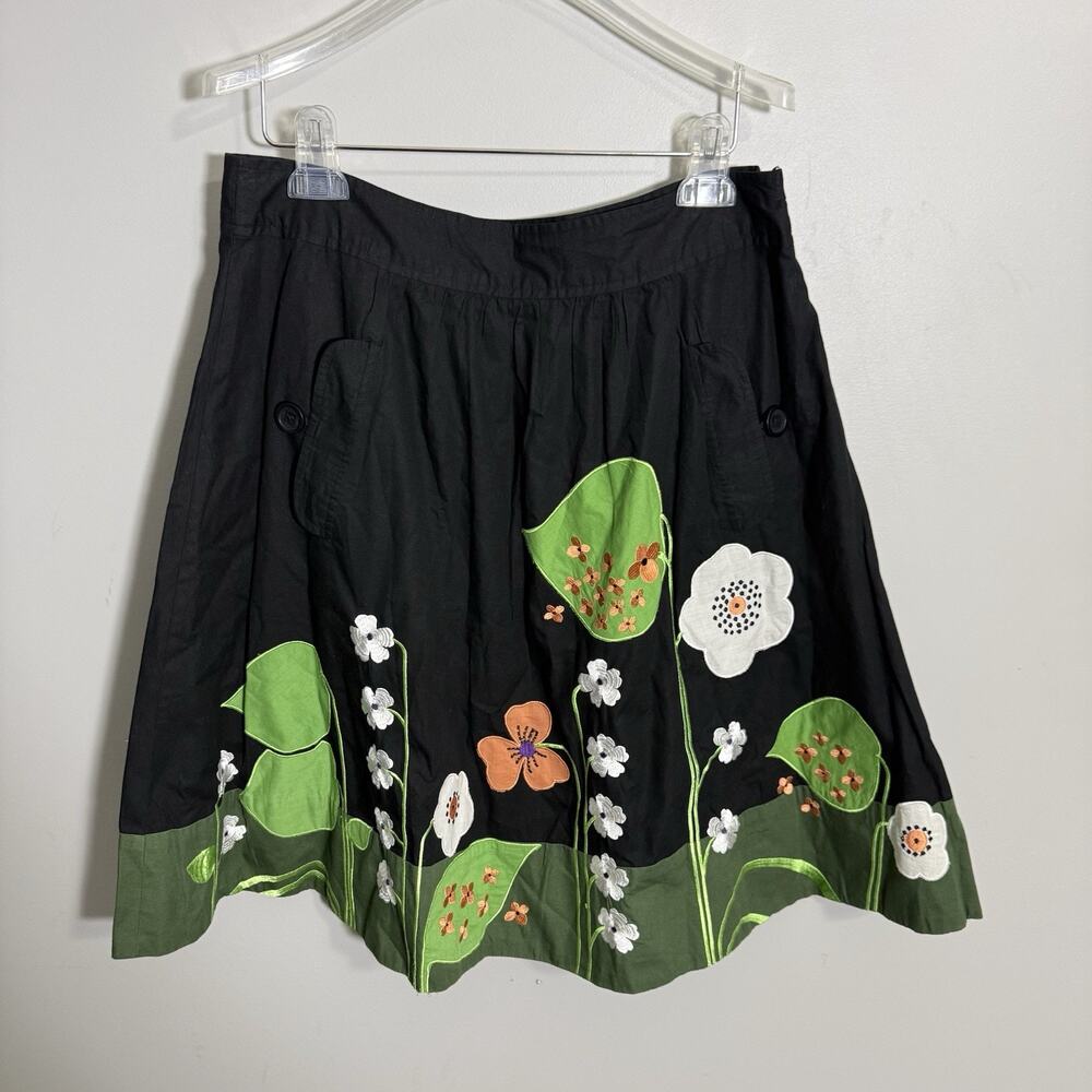Lithe Black Floral Embroidered Cotton Woven A-Line Knee Skirt Size 8